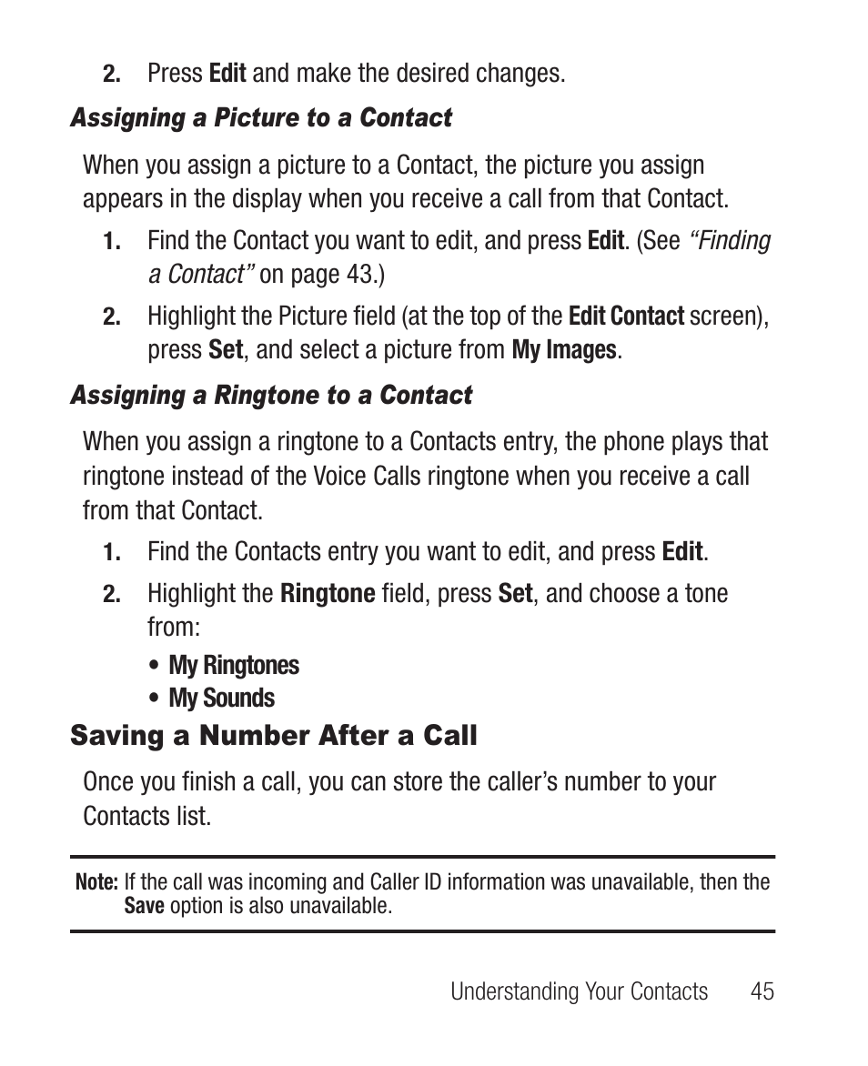 Assigning a picture to a contact, Assigning a ringtone to a contact, Saving a number after a call | Samsung SCH-R100DBAMTR User Manual | Page 49 / 132