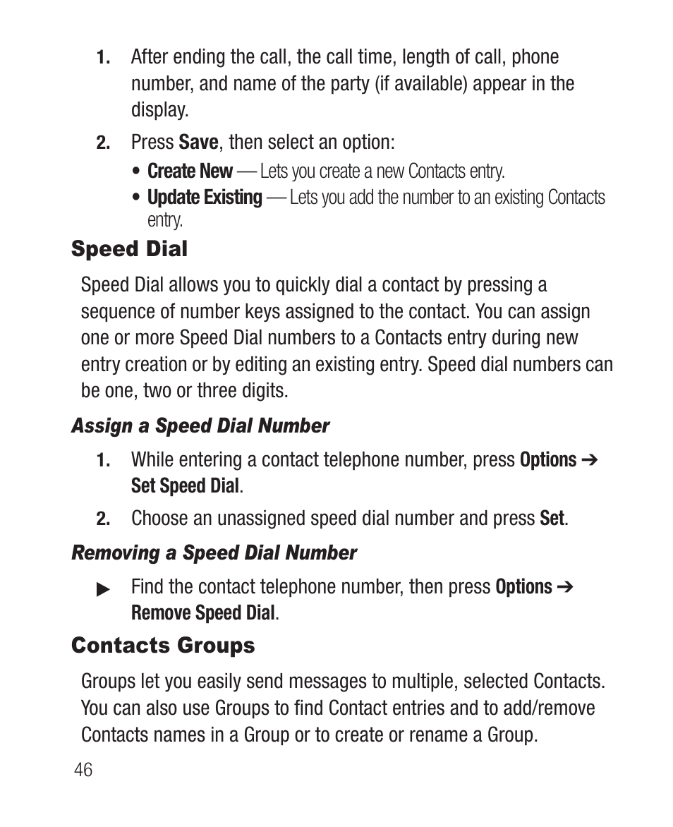 Speed dial, Assign a speed dial number, Removing a speed dial number | Contacts groups, Speed dial contacts groups | Samsung SCH-R100DBAMTR User Manual | Page 50 / 132