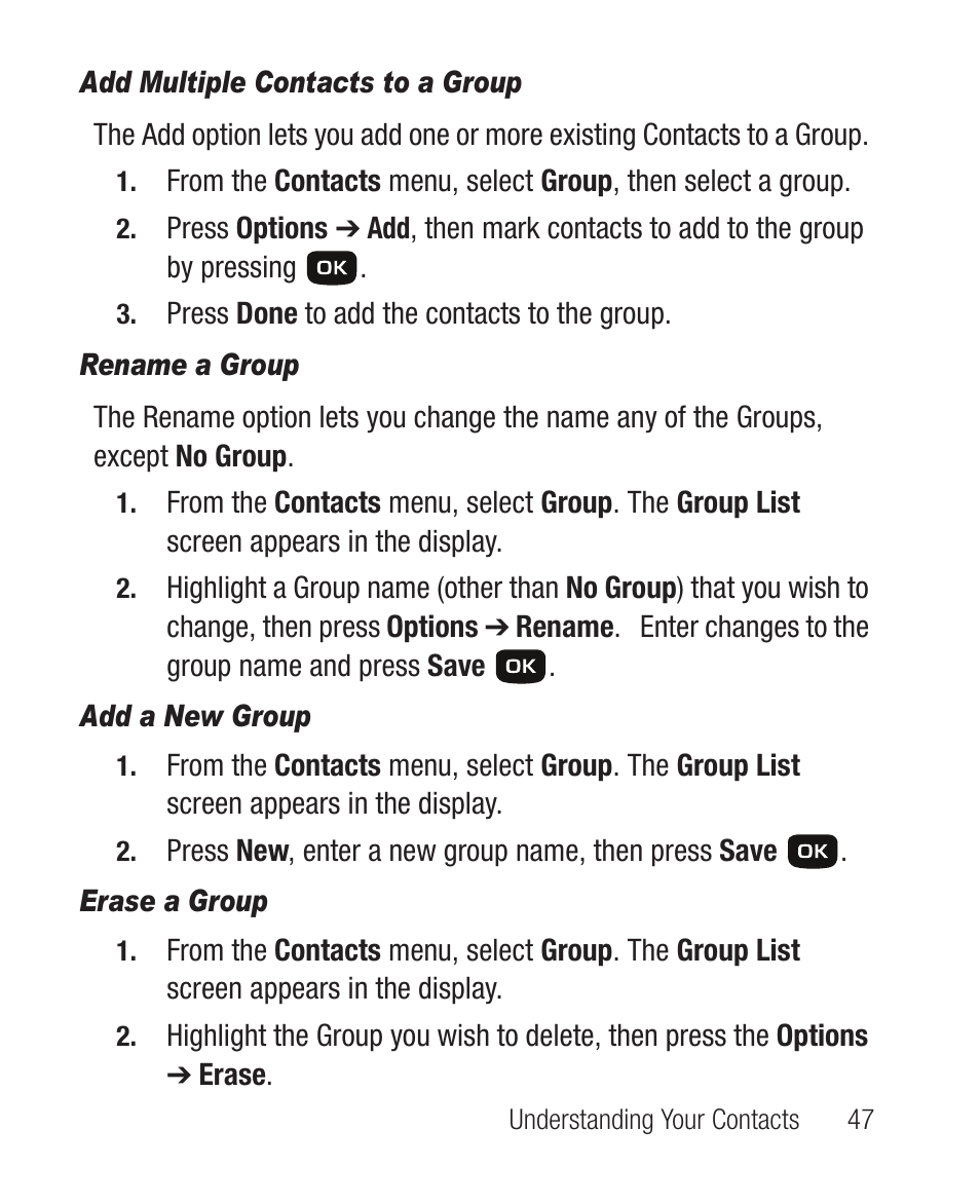 Add multiple contacts to a group, Rename a group, Add a new group | Erase a group | Samsung SCH-R100DBAMTR User Manual | Page 51 / 132