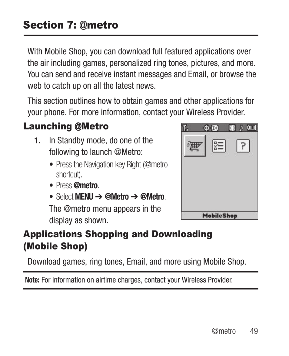 Section 7: @metro, Launching @metro | Samsung SCH-R100DBAMTR User Manual | Page 53 / 132