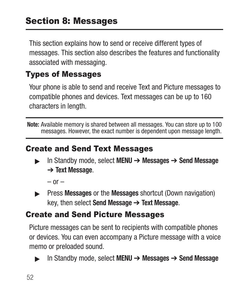 Section 8: messages, Types of messages, Create and send text messages | Create and send picture messages | Samsung SCH-R100DBAMTR User Manual | Page 56 / 132