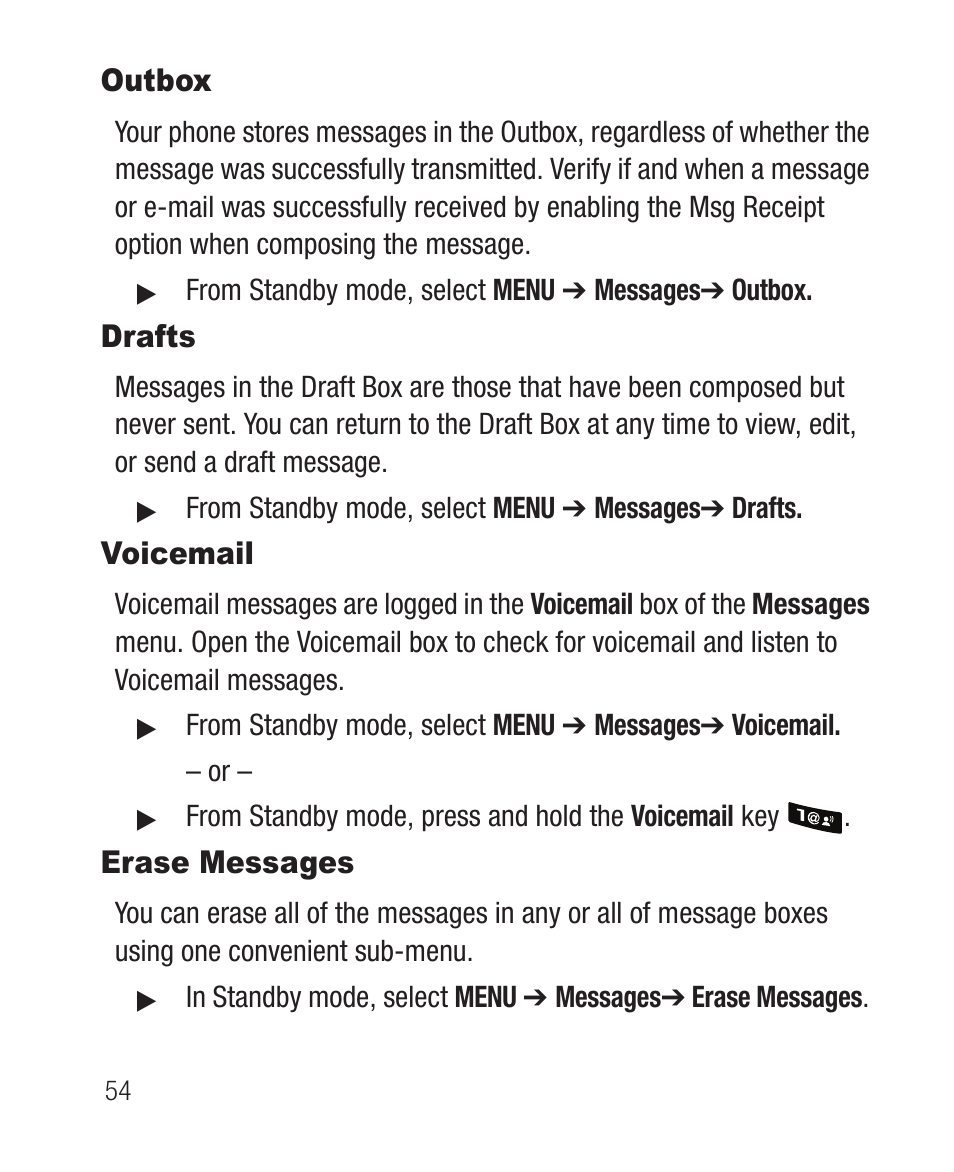 Outbox, Drafts, Voicemail | Erase messages, Drafts voicemail erase messages | Samsung SCH-R100DBAMTR User Manual | Page 58 / 132