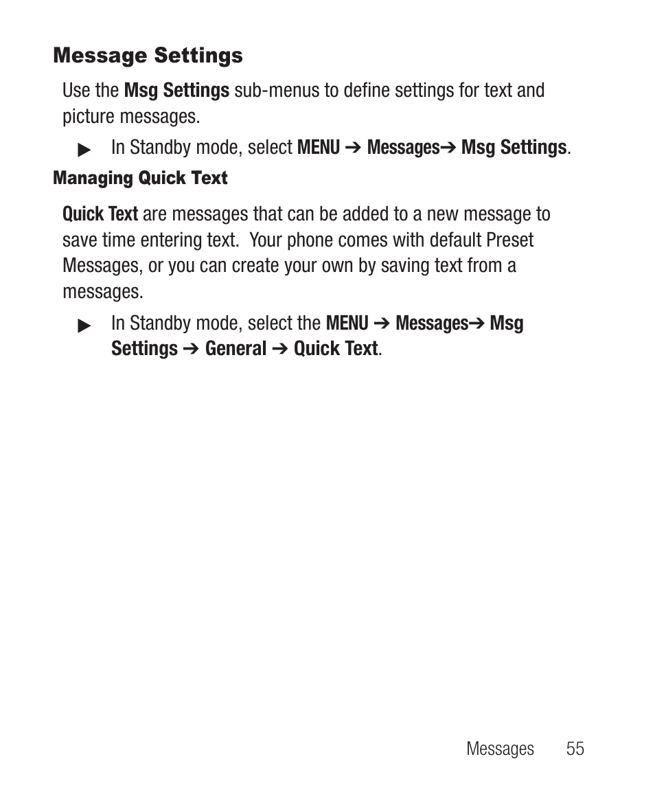 Message settings, Managing quick text | Samsung SCH-R100DBAMTR User Manual | Page 59 / 132