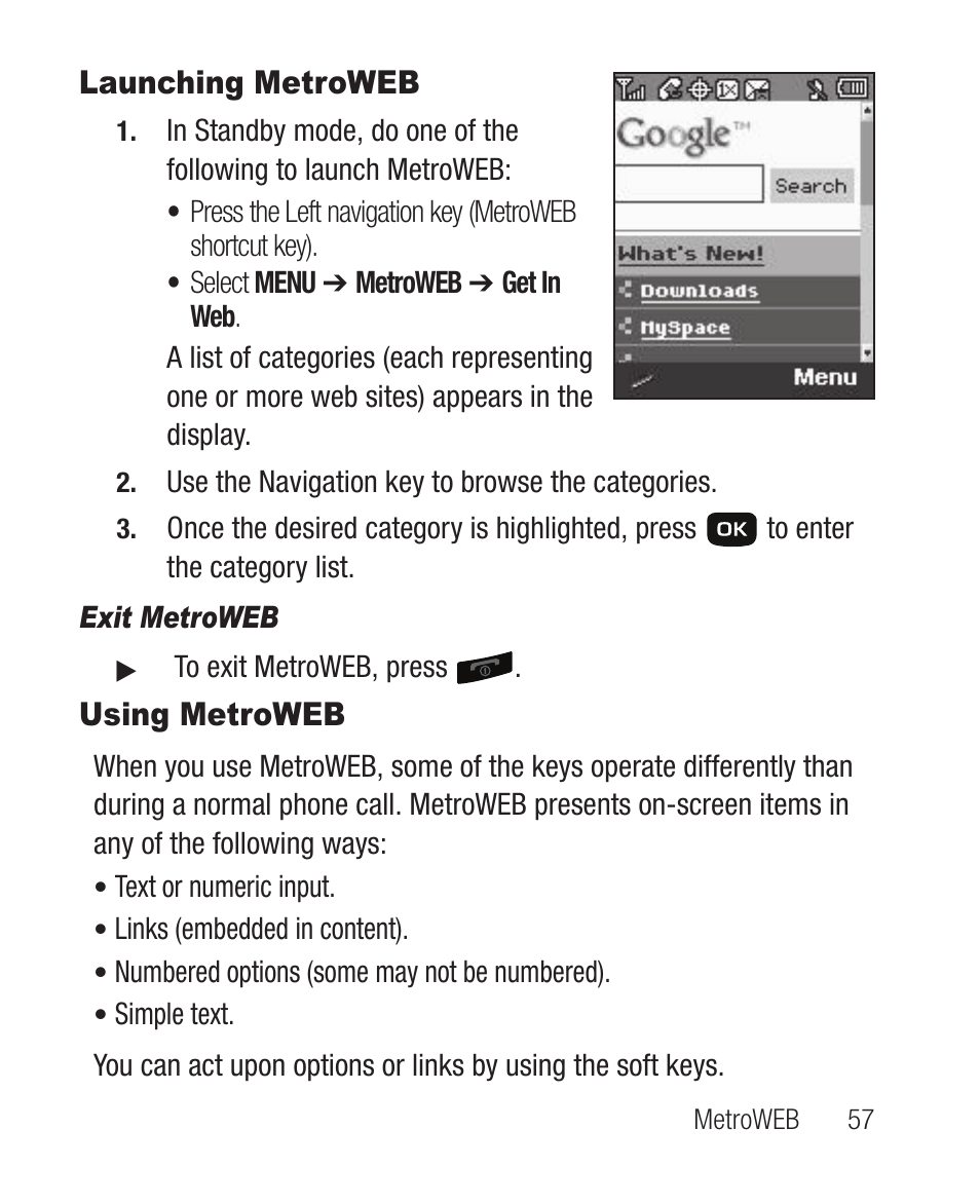 Launching metroweb, Exit metroweb, Using metroweb | Launching metroweb using metroweb | Samsung SCH-R100DBAMTR User Manual | Page 61 / 132