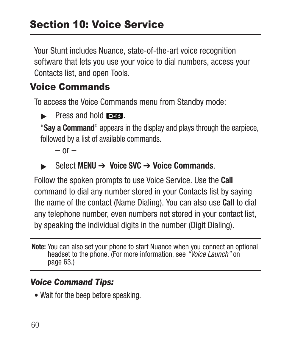 Section 10: voice service, Voice commands, Voice command tips | Samsung SCH-R100DBAMTR User Manual | Page 64 / 132