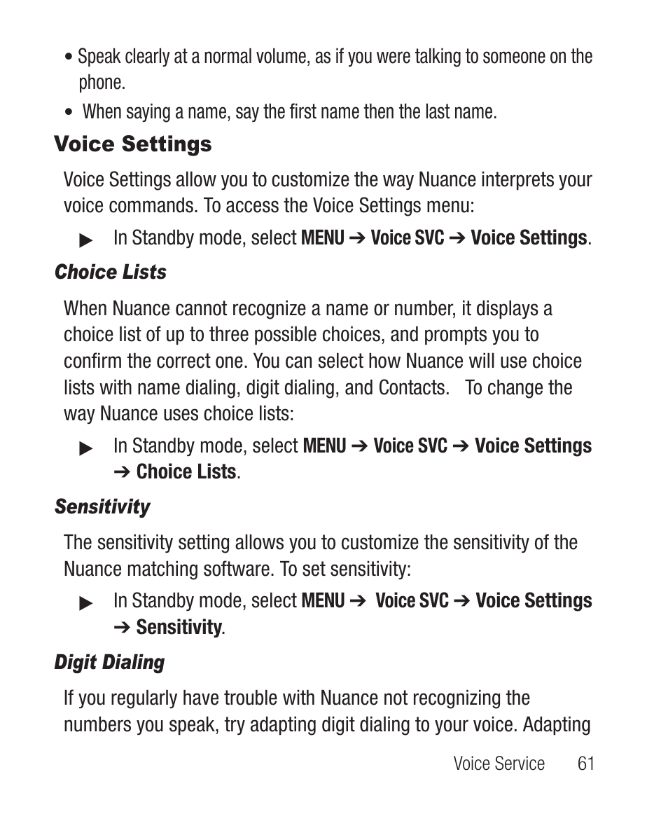 Voice settings, Choice lists, Sensitivity | Digit dialing | Samsung SCH-R100DBAMTR User Manual | Page 65 / 132