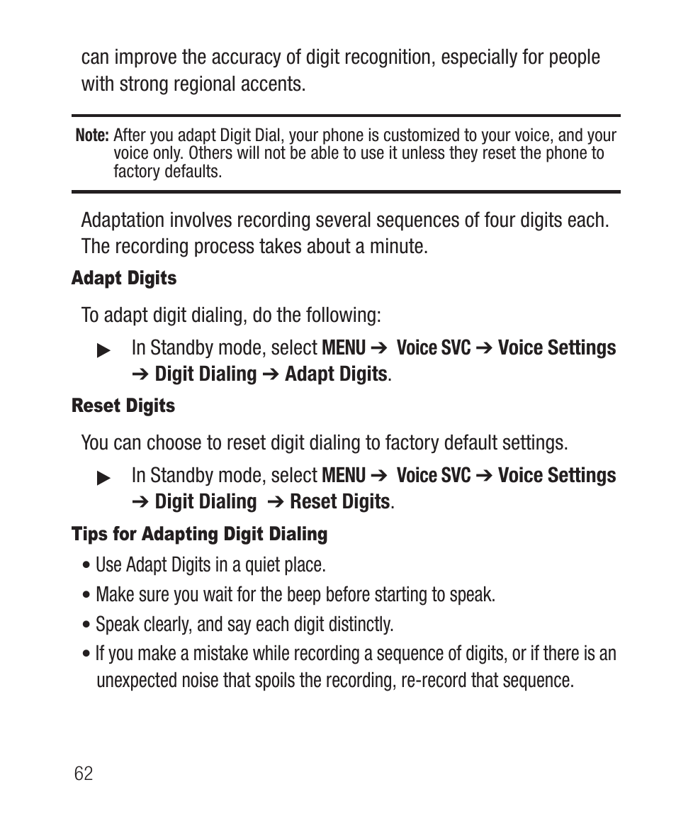Adapt digits, Reset digits, Tips for adapting digit dialing | Samsung SCH-R100DBAMTR User Manual | Page 66 / 132