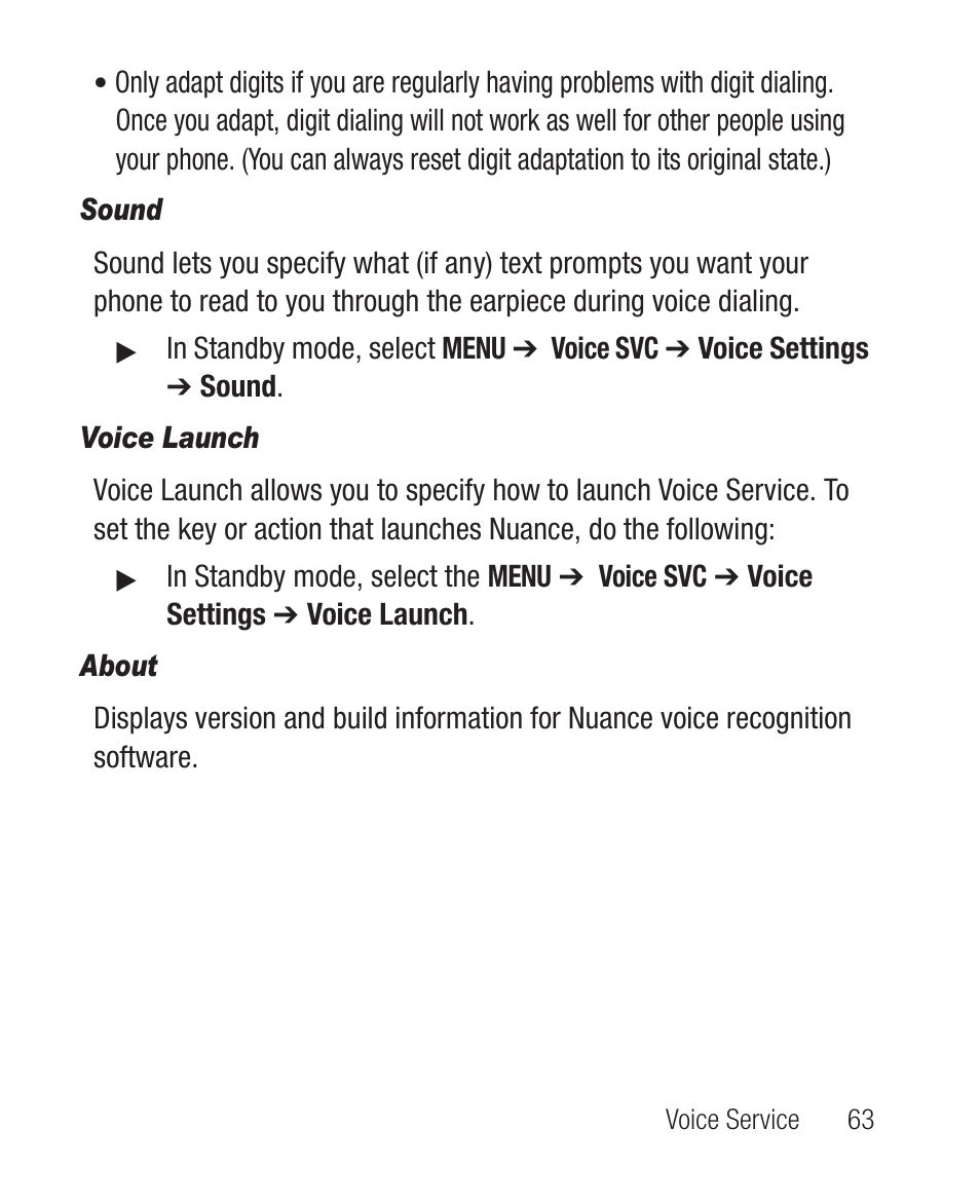 Sound, Voice launch, About | Samsung SCH-R100DBAMTR User Manual | Page 67 / 132