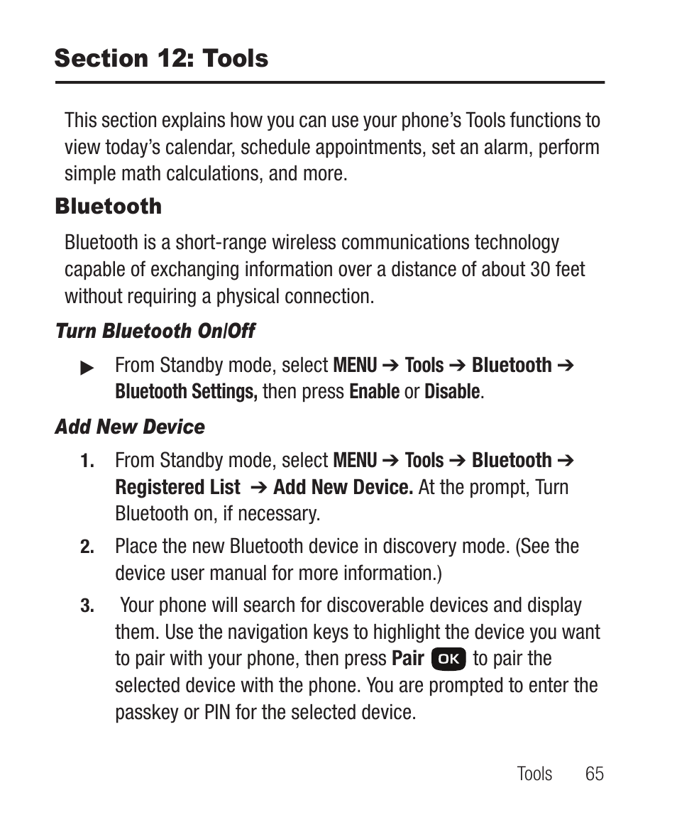 Section 12: tools, Bluetooth, Turn bluetooth on/off | Add new device | Samsung SCH-R100DBAMTR User Manual | Page 69 / 132