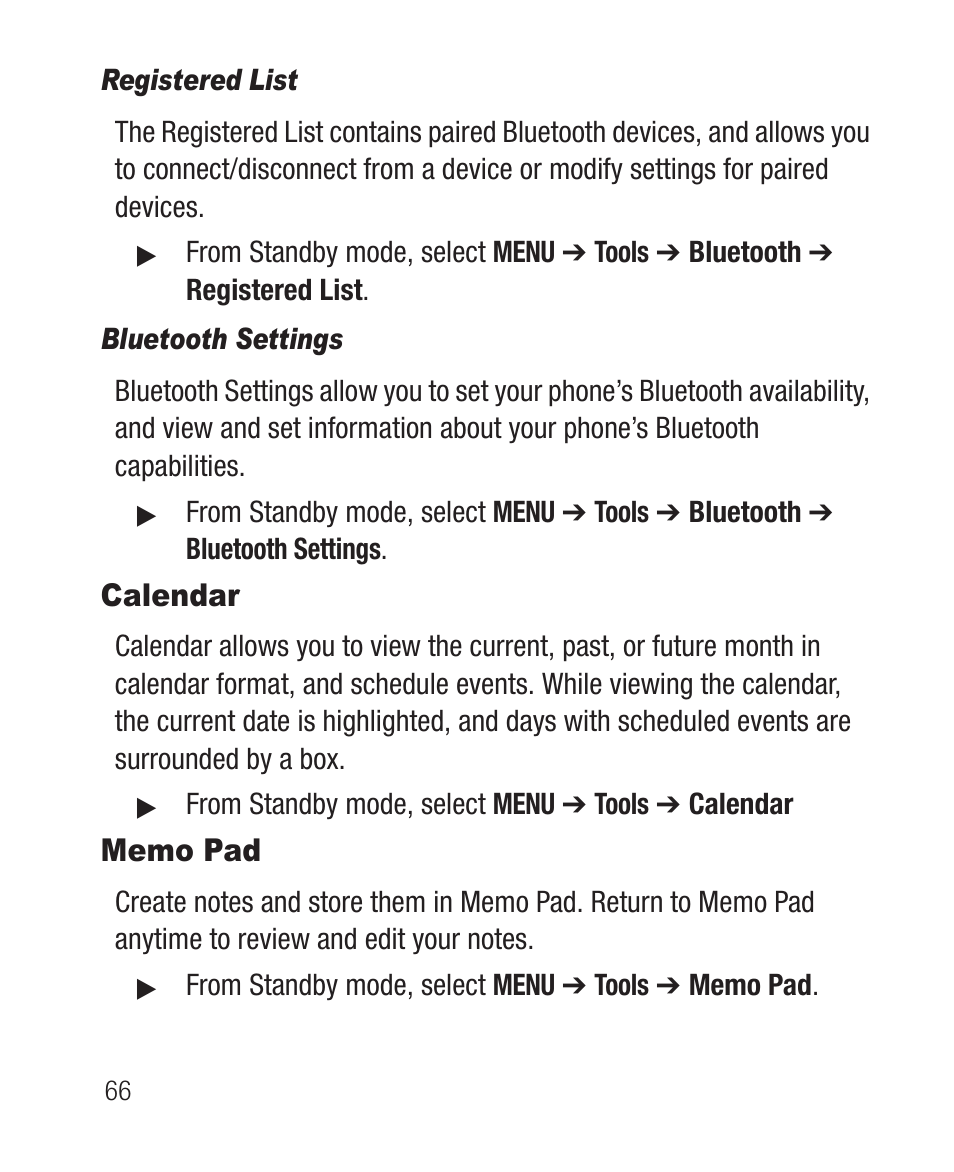 Registered list, Bluetooth settings, Calendar | Memo pad, Calendar memo pad | Samsung SCH-R100DBAMTR User Manual | Page 70 / 132