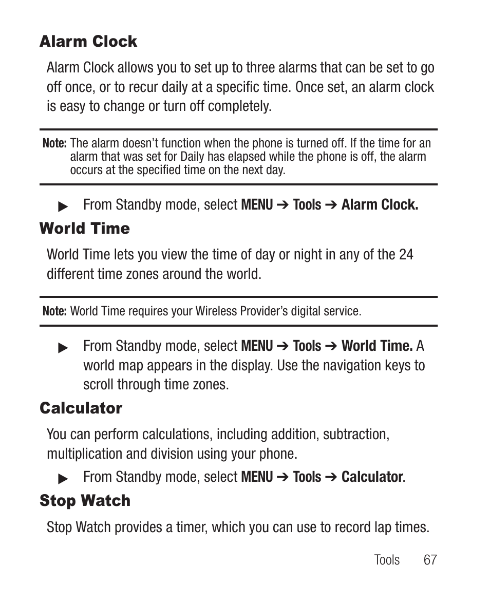 Alarm clock, World time, Calculator | Stop watch, Alarm clock world time calculator stop watch | Samsung SCH-R100DBAMTR User Manual | Page 71 / 132