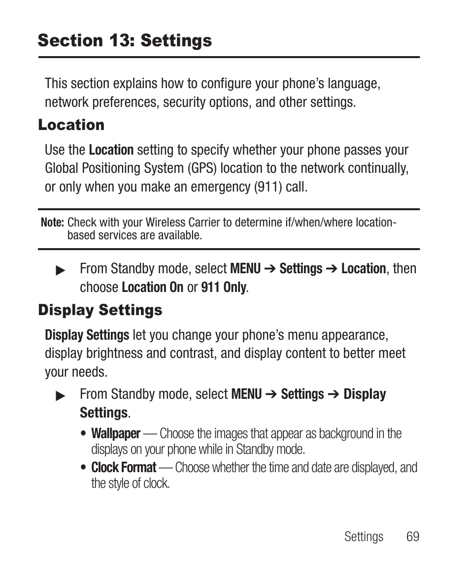 Section 13: settings, Location, Display settings | Location display settings | Samsung SCH-R100DBAMTR User Manual | Page 73 / 132