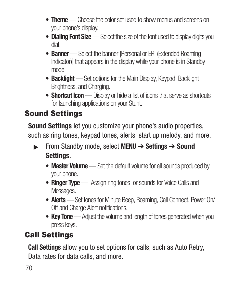 Sound settings, Call settings, Sound settings call settings | Samsung SCH-R100DBAMTR User Manual | Page 74 / 132