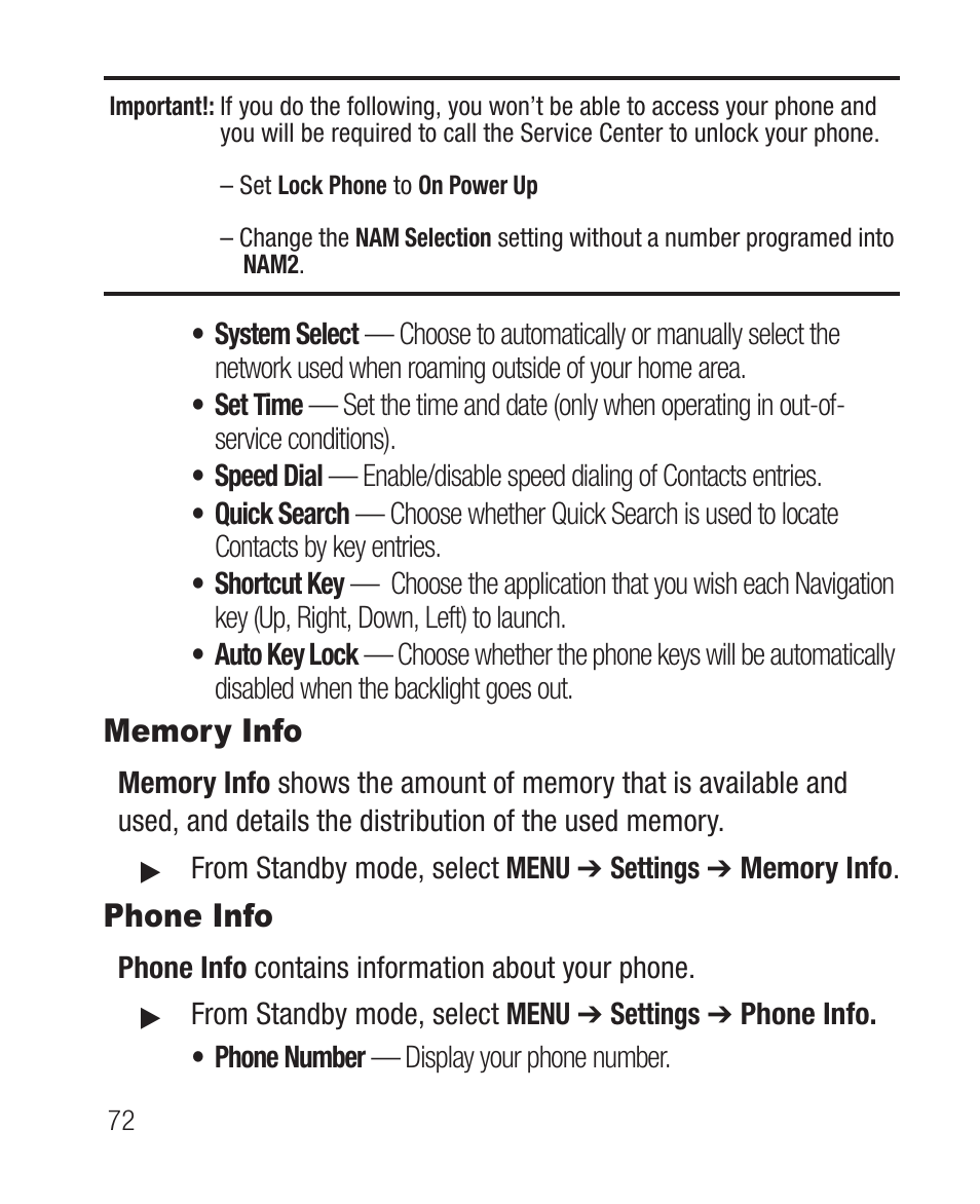 Memory info, Phone info, Memory info phone info | Samsung SCH-R100DBAMTR User Manual | Page 76 / 132