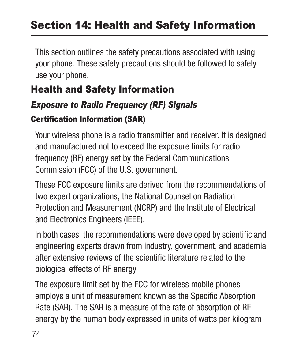 Section 14: health and safety information, Health and safety information, Exposure to radio frequency (rf) signals | Certification information (sar) | Samsung SCH-R100DBAMTR User Manual | Page 78 / 132