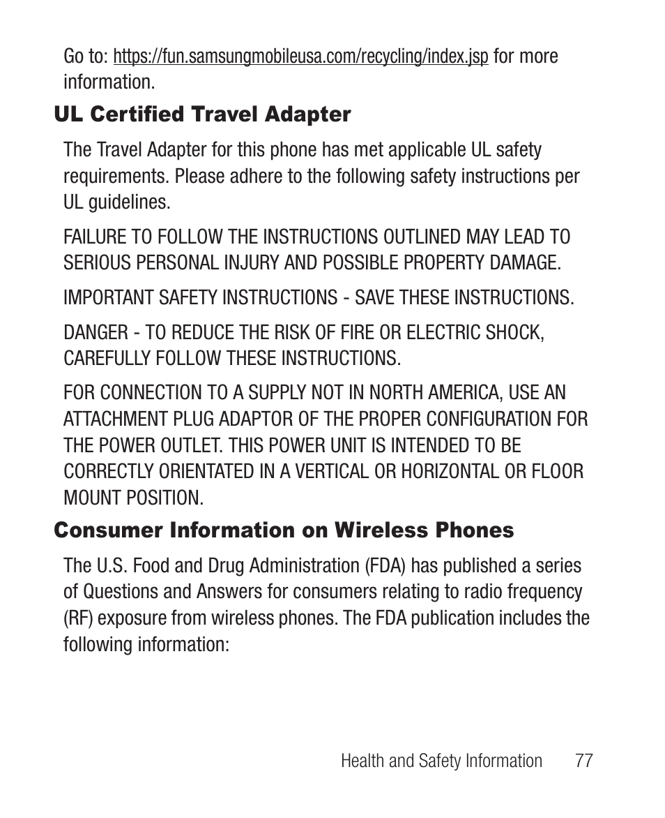 Ul certified travel adapter, Consumer information on wireless phones | Samsung SCH-R100DBAMTR User Manual | Page 81 / 132
