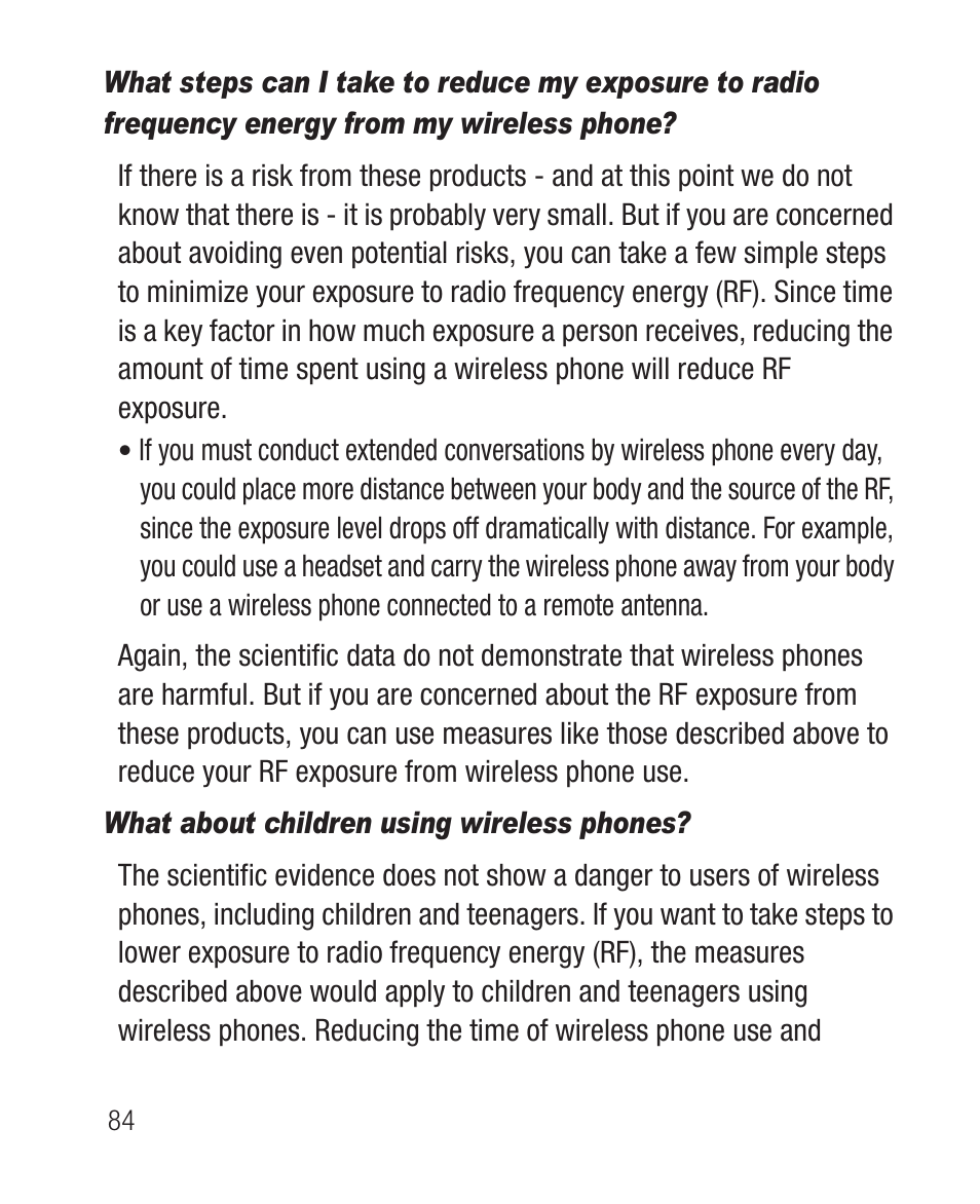 What about children using wireless phones | Samsung SCH-R100DBAMTR User Manual | Page 88 / 132