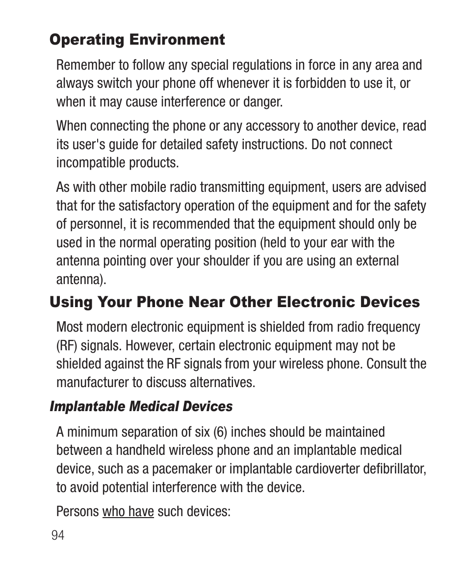 Operating environment, Using your phone near other electronic devices, Implantable medical devices | Samsung SCH-R100DBAMTR User Manual | Page 98 / 132