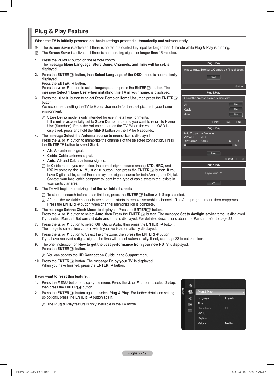 Plug & play feature | Samsung PN50B540S3FXZA User Manual | Page 19 / 103