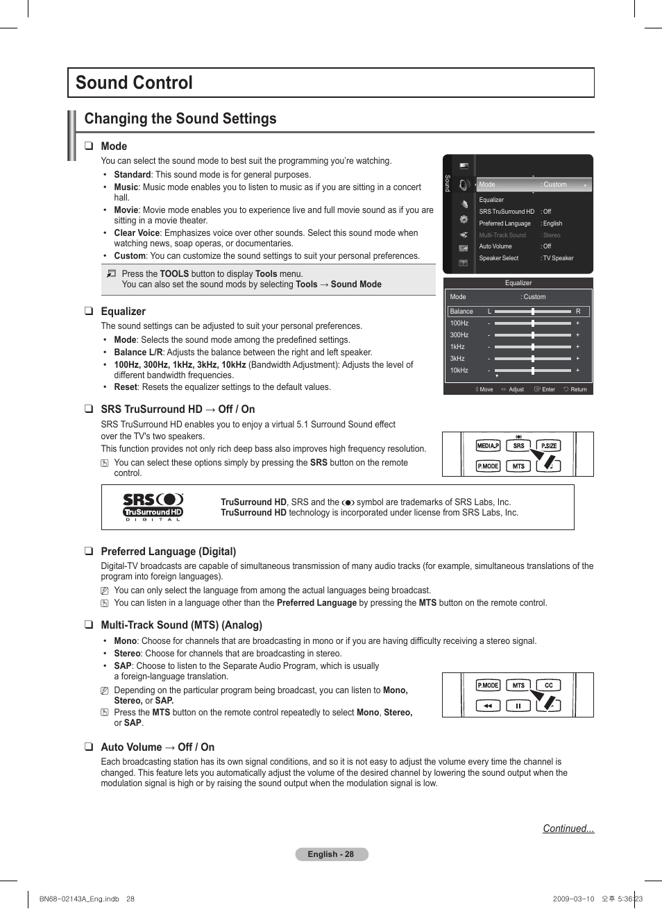 Sound control, Changing the sound settings, Mode | Equalizer, Srstrusurroundhd→off/on, Preferred language (digital), Multi-track sound (mts) (analog), Autovolume→off/on | Samsung PN50B540S3FXZA User Manual | Page 28 / 103