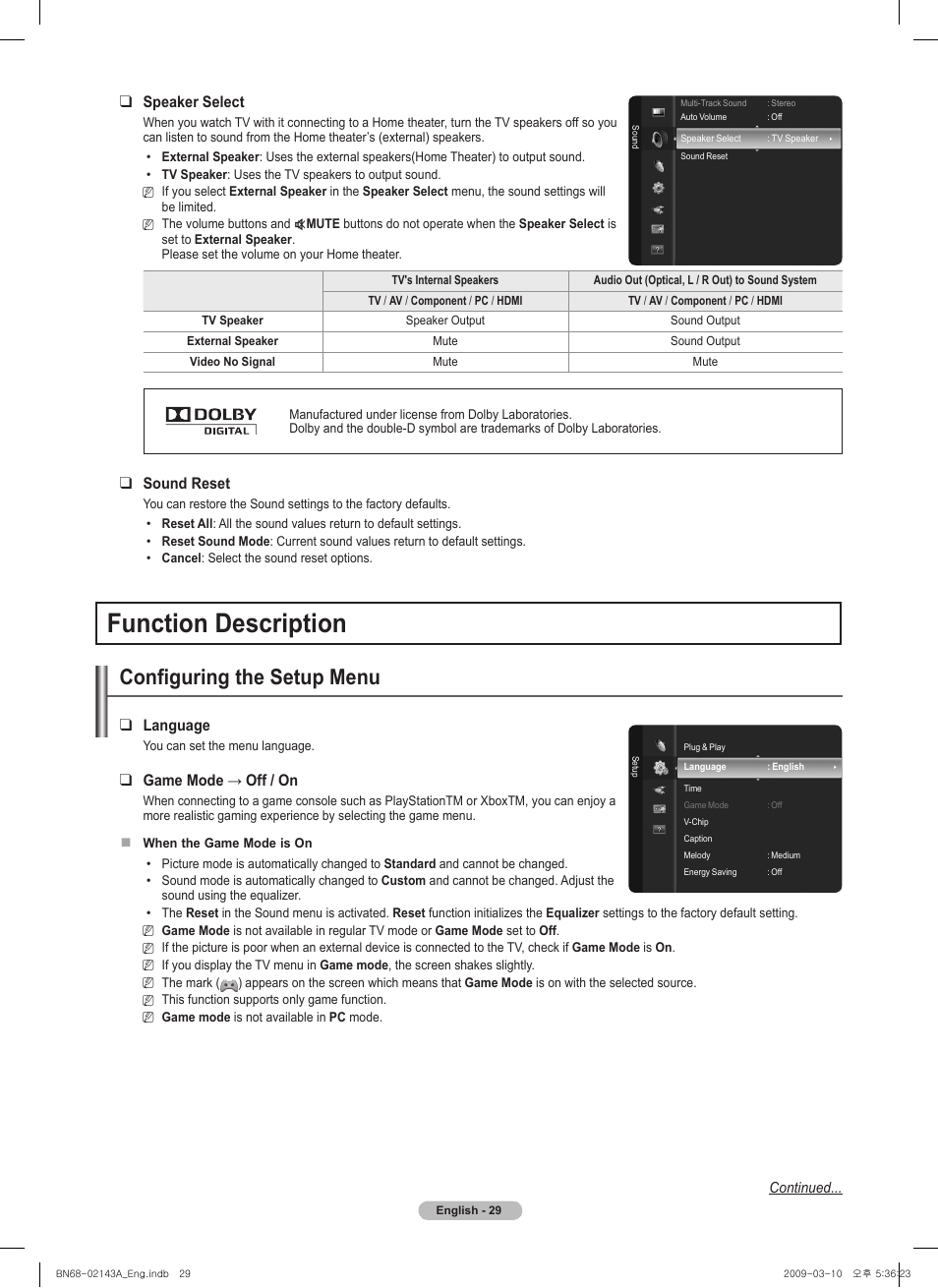 Function description, Configuring the setup menu, Speaker select | Sound reset, Language, Gamemode→off/on | Samsung PN50B540S3FXZA User Manual | Page 29 / 103