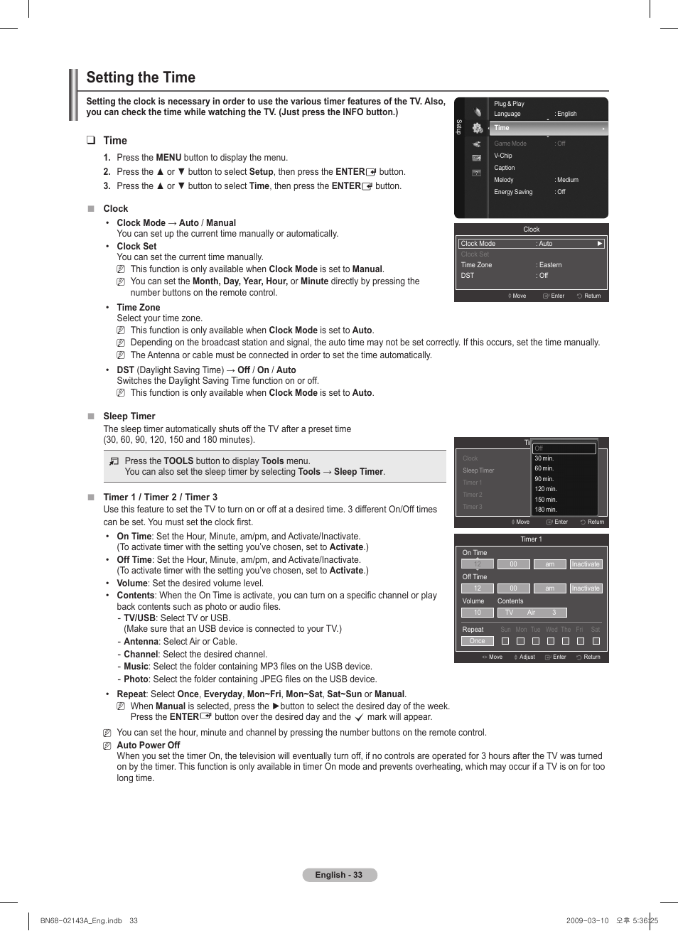 Setting the time, Time | Samsung PN50B540S3FXZA User Manual | Page 33 / 103