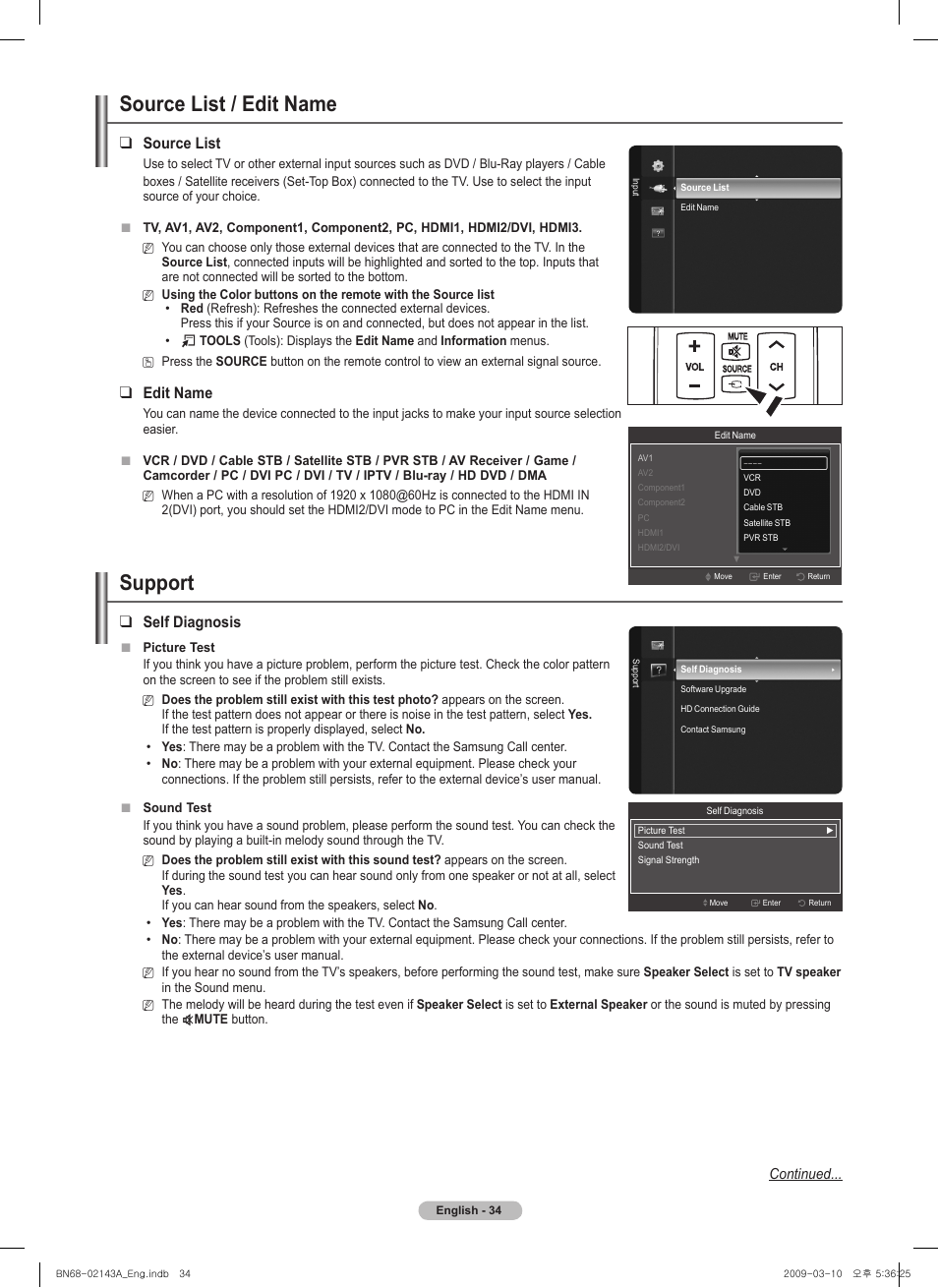 Source list / edit name, Support, Source list | Edit name, Self diagnosis | Samsung PN50B540S3FXZA User Manual | Page 34 / 103