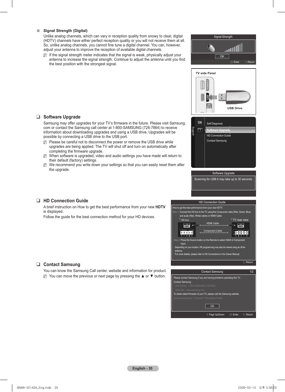 Software upgrade, Hd connection guide, Contact samsung | Samsung PN50B540S3FXZA User Manual | Page 35 / 103