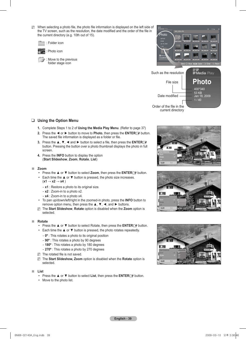 Using the option menu, Photo | Samsung PN50B540S3FXZA User Manual | Page 39 / 103