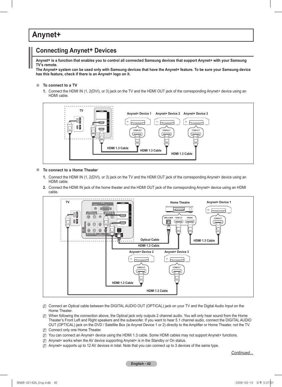 Anynet, Connecting anynet+ devices | Samsung PN50B540S3FXZA User Manual | Page 42 / 103