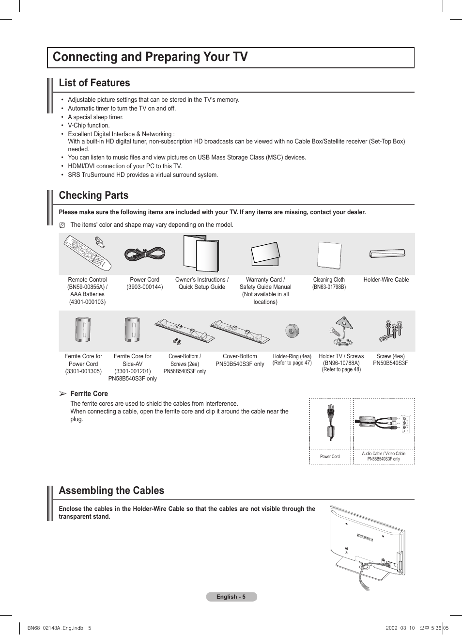 Connecting and preparing your tv, List of features, Checking parts | Assembling the cables | Samsung PN50B540S3FXZA User Manual | Page 5 / 103