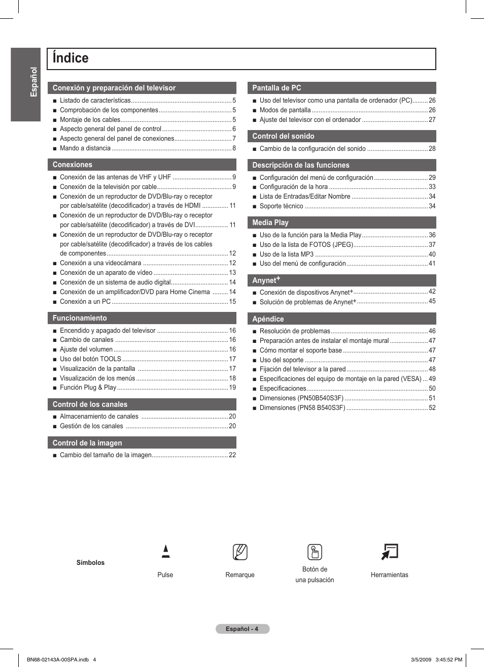 No t, Índice | Samsung PN50B540S3FXZA User Manual | Page 55 / 103