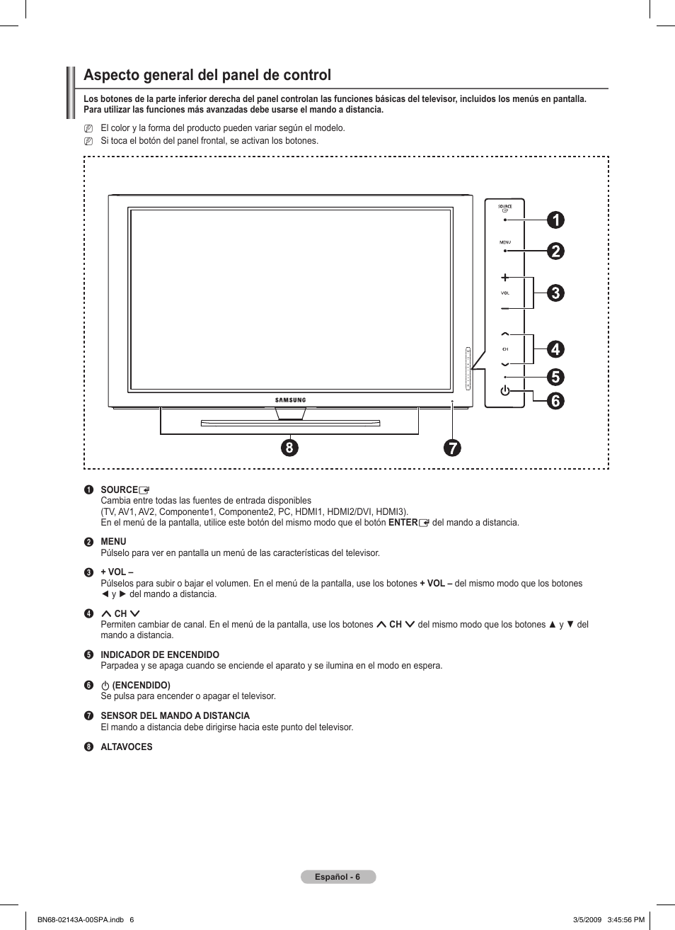 Aspecto general del panel de control | Samsung PN50B540S3FXZA User Manual | Page 57 / 103