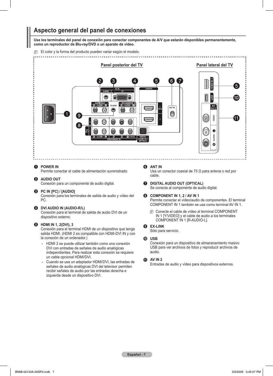 Aspecto general del panel de conexiones | Samsung PN50B540S3FXZA User Manual | Page 58 / 103