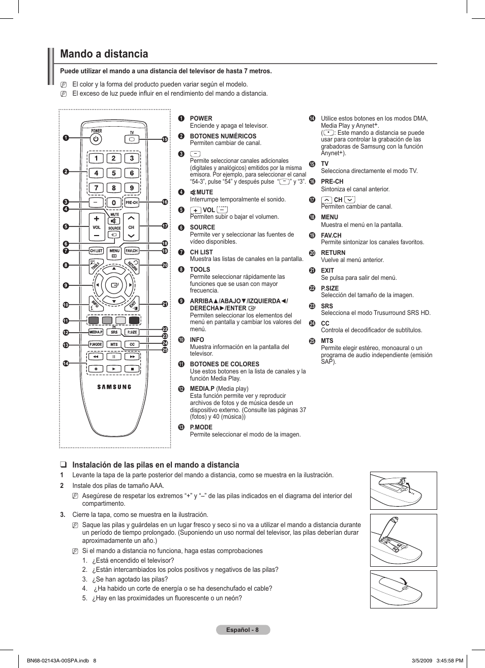 Mando a distancia, Instalación de las pilas en el mando a distancia | Samsung PN50B540S3FXZA User Manual | Page 59 / 103