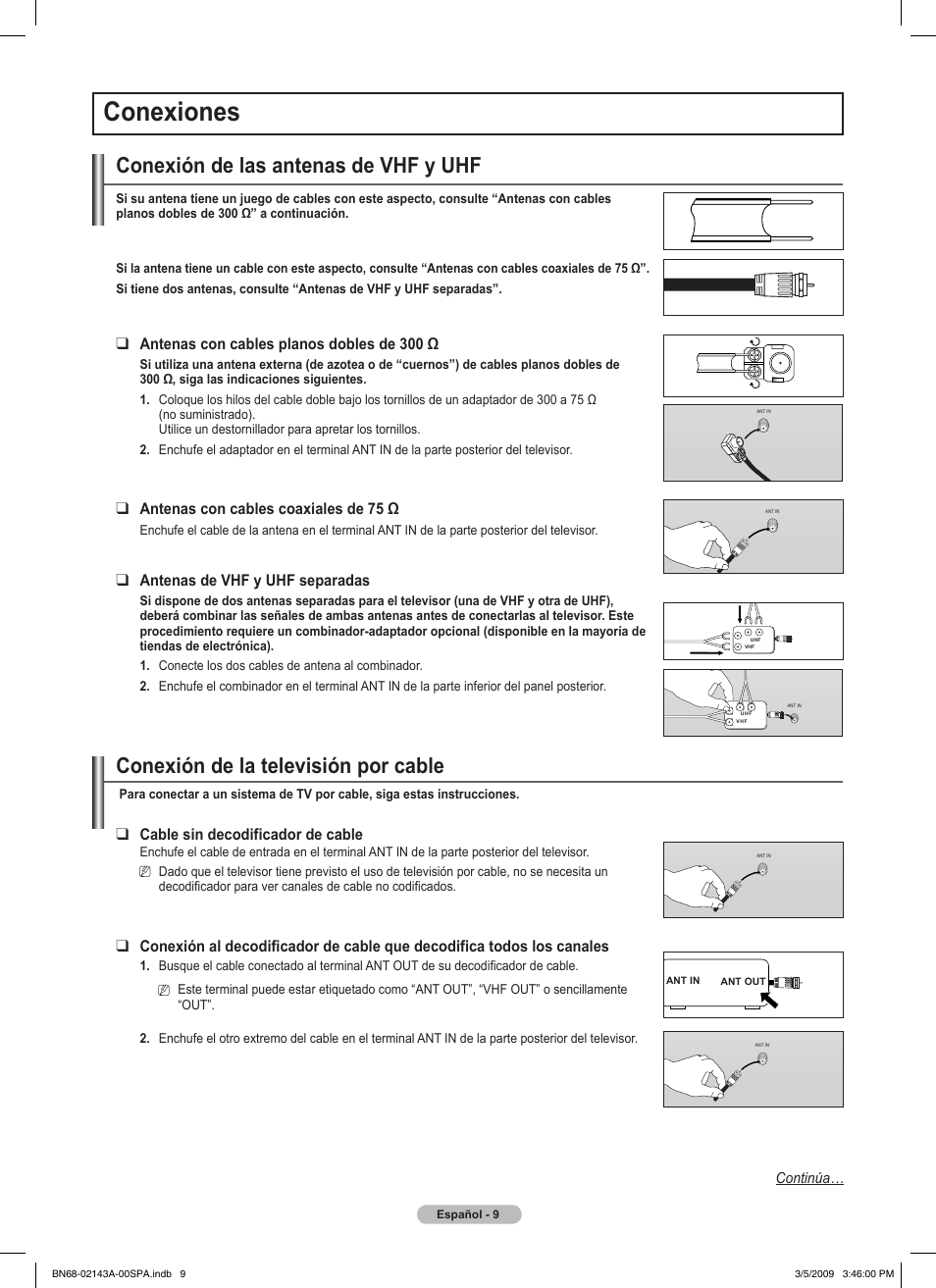 Conexiones, Conexión de las antenas de vhf y uhf, Conexión de la televisión por cable | Antenasconcablesplanosdoblesde300ω, Antenasconcablescoaxialesde75ω, Antenas de vhf y uhf separadas, Cable sin decodificador de cable | Samsung PN50B540S3FXZA User Manual | Page 60 / 103