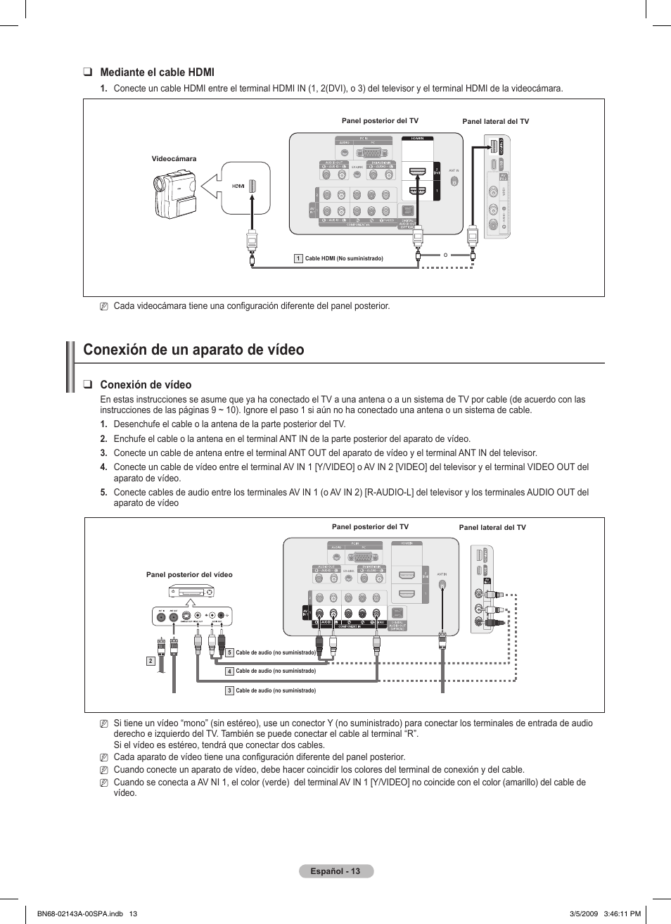 Conexión de un aparato de vídeo, Conexión de vídeo, Mediante el cable hdmi | Samsung PN50B540S3FXZA User Manual | Page 64 / 103