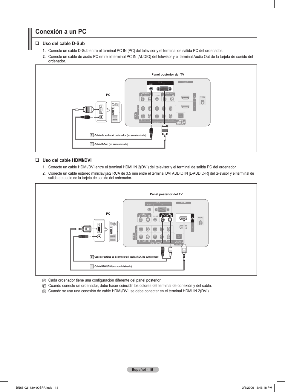 Conexión a un pc, Uso del cable d-sub, Uso del cable hdmi/dvi | Samsung PN50B540S3FXZA User Manual | Page 66 / 103