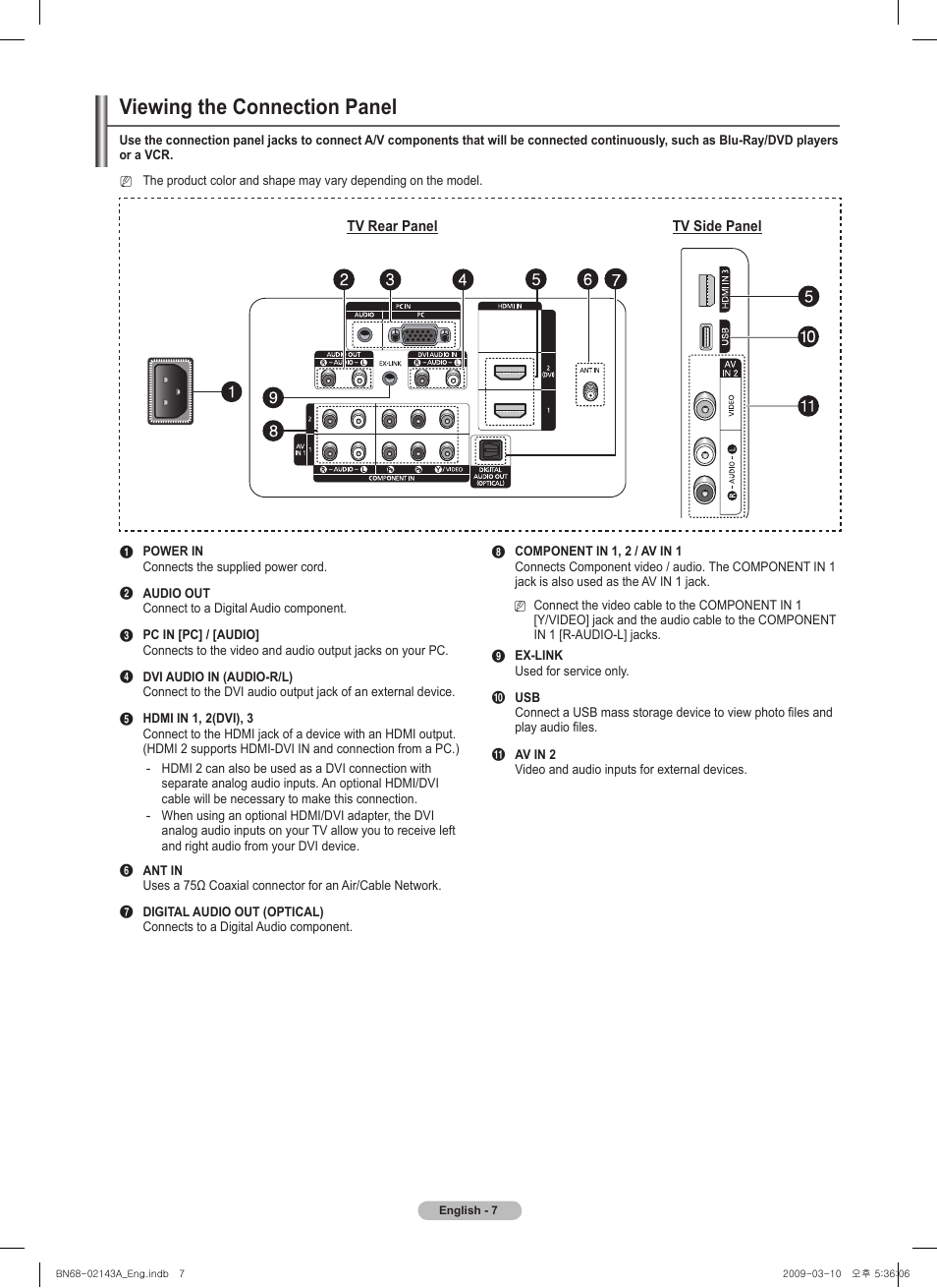Viewing the connection panel | Samsung PN50B540S3FXZA User Manual | Page 7 / 103