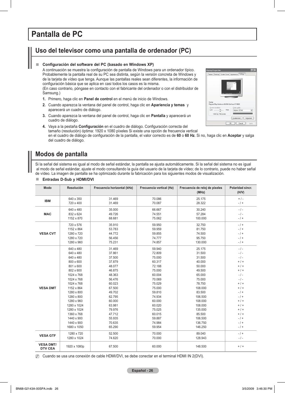 Pantalla de pc, Modos de pantalla | Samsung PN50B540S3FXZA User Manual | Page 77 / 103