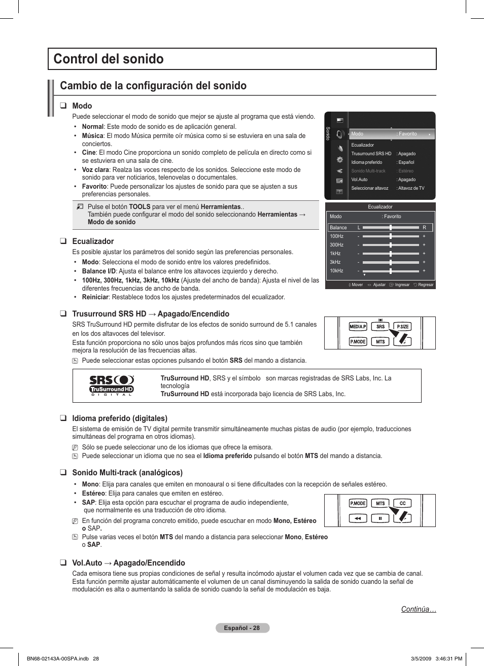 Control del sonido, Cambio de la configuración del sonido, Modo | Ecualizador, Trusurroundsrshd→apagado/encendido, Idioma preferido (digitales), Sonido multi-track (analógicos), Vol.auto→apagado/encendido | Samsung PN50B540S3FXZA User Manual | Page 79 / 103