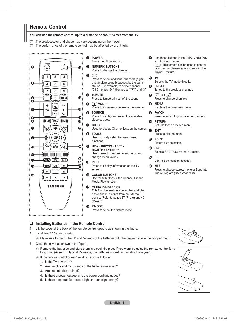 Remote control, Installing batteries in the remote control | Samsung PN50B540S3FXZA User Manual | Page 8 / 103