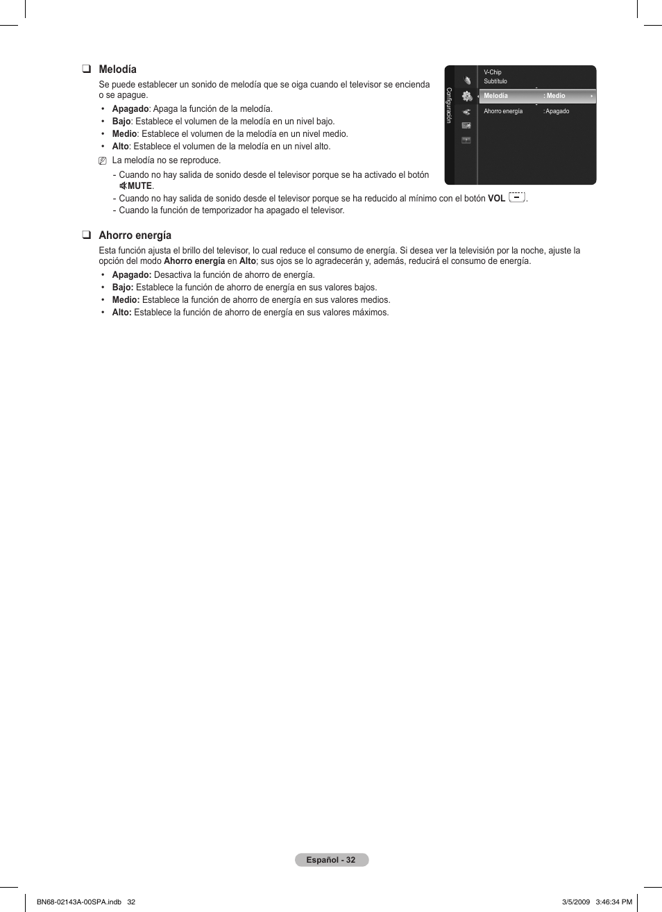 Melodía, Ahorro energía | Samsung PN50B540S3FXZA User Manual | Page 83 / 103