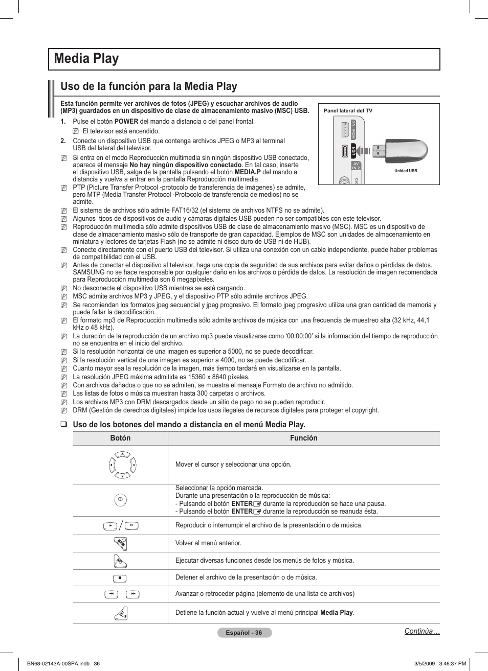 Media play, Uso de la función para la media play | Samsung PN50B540S3FXZA User Manual | Page 87 / 103