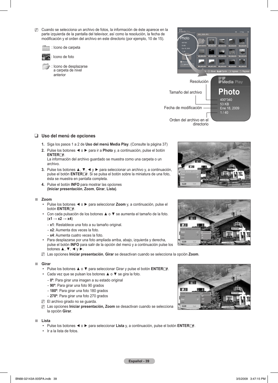 Photo, Uso del menú de opciones | Samsung PN50B540S3FXZA User Manual | Page 90 / 103