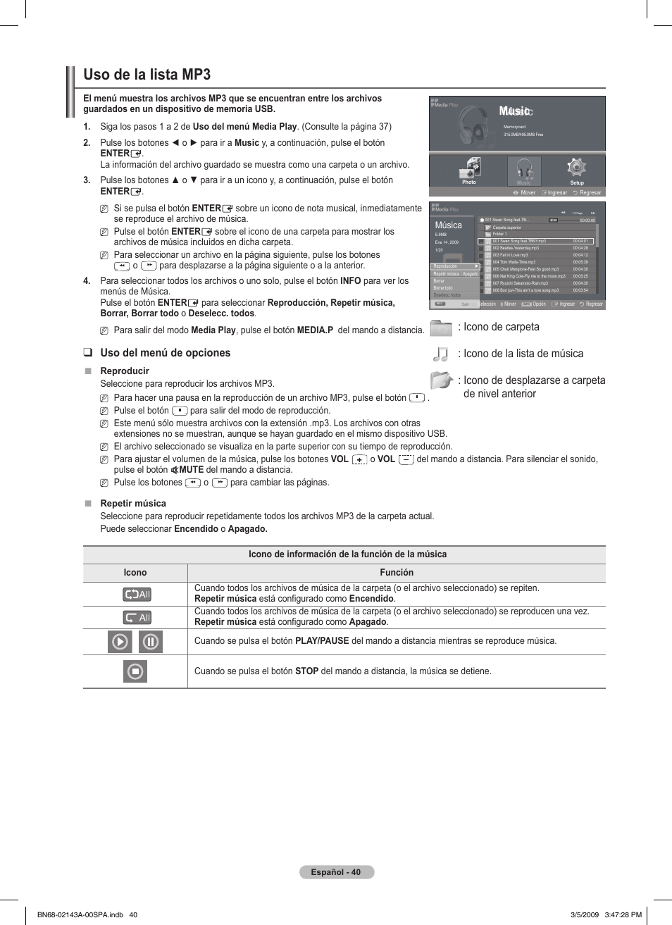 Uso de la lista mp, Uso del menú de opciones, Music | Samsung PN50B540S3FXZA User Manual | Page 91 / 103