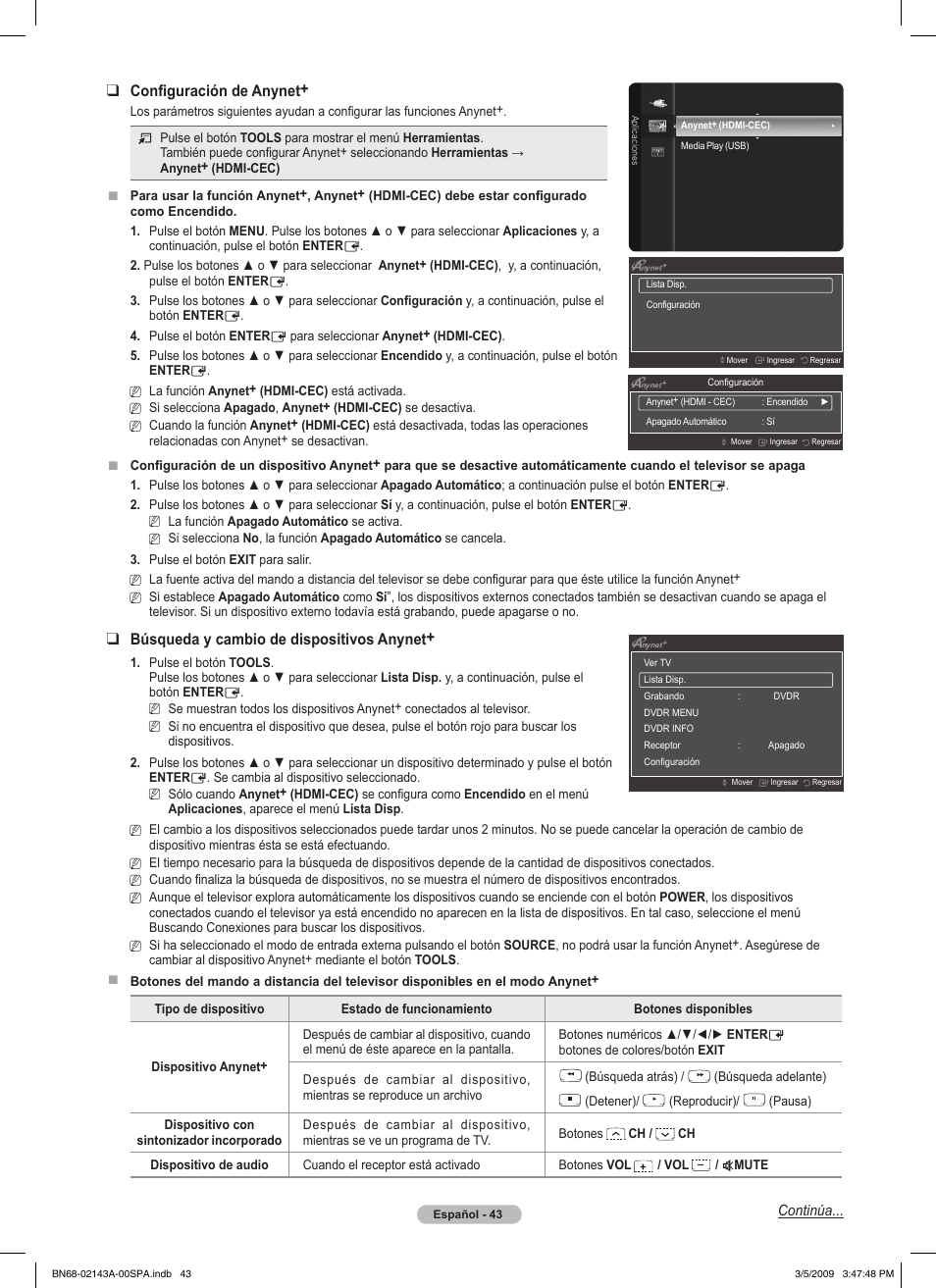 Configuración de anynet, Búsqueda y cambio de dispositivos anynet | Samsung PN50B540S3FXZA User Manual | Page 94 / 103