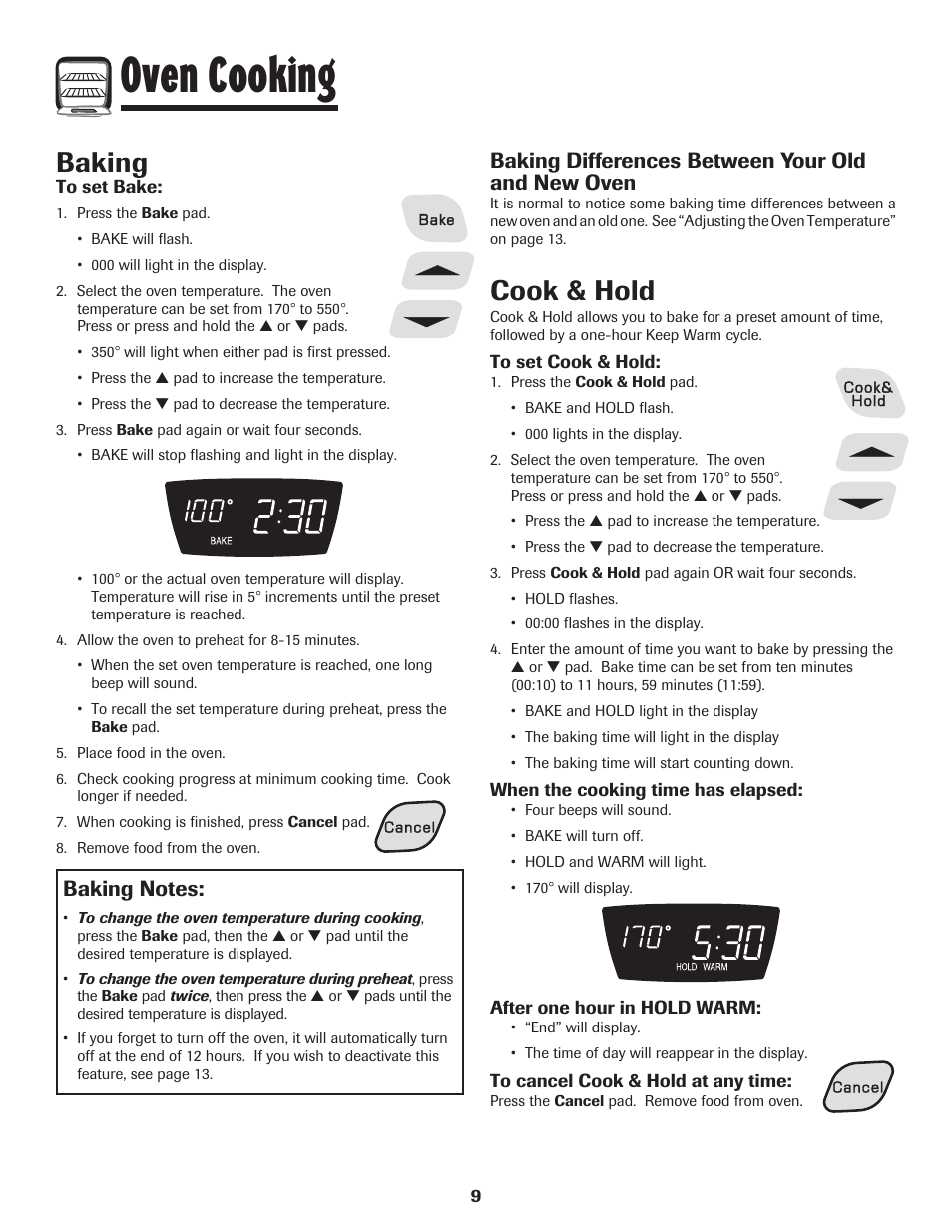Oven cooking, Baking, Cook & hold | Baking differences between your old and new oven | Amana 8113P598-60 User Manual | Page 10 / 76