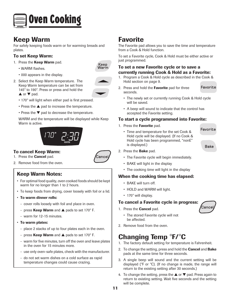 Oven cooking, Keep warm, Favorite | Changing temp | Amana 8113P598-60 User Manual | Page 12 / 76