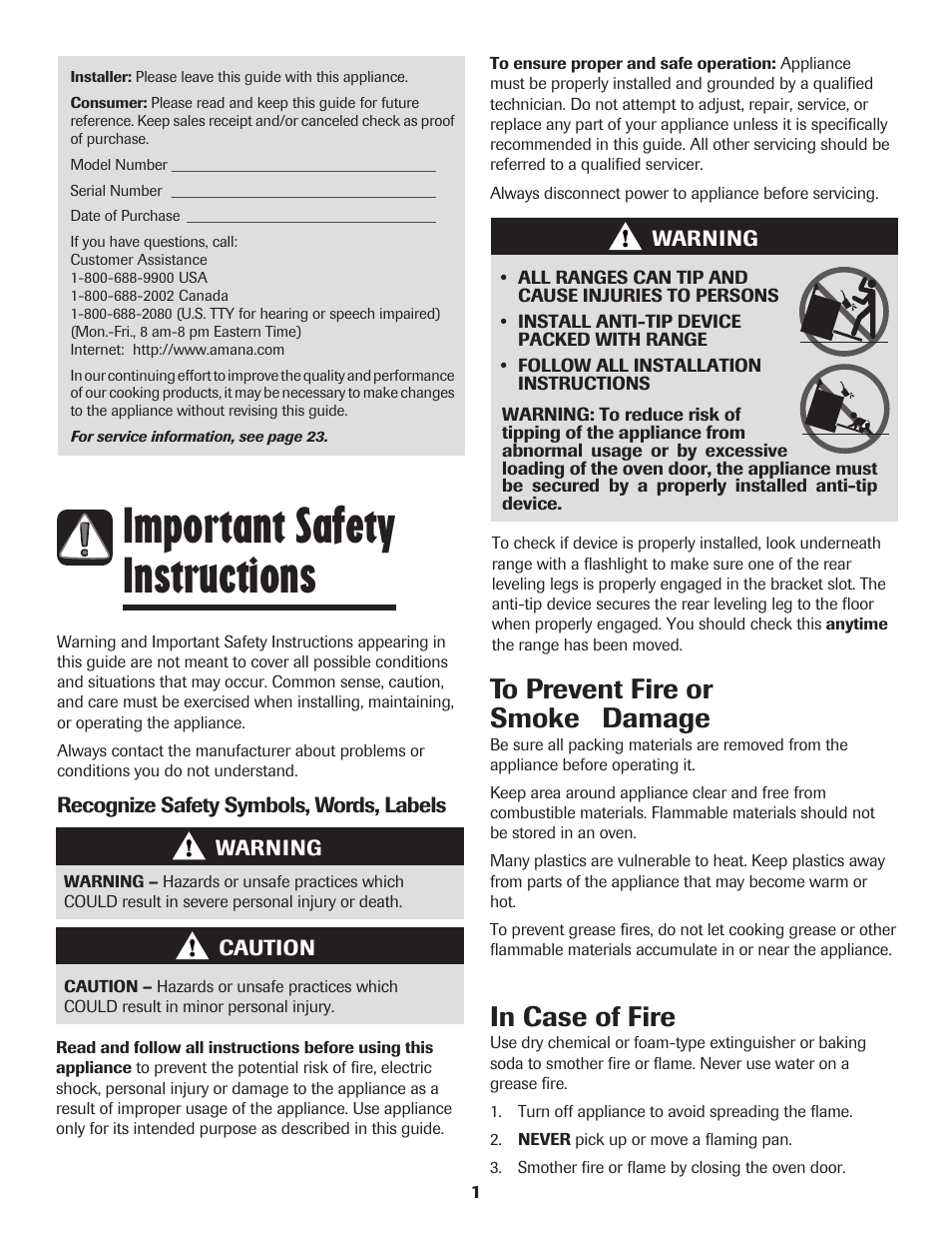 Important safety instructions | Amana 8113P598-60 User Manual | Page 2 / 76